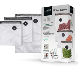 CASO Design CASO Vacu ZIP-Bags Set - 20 Folienbeutel in 3 verschiedenen Größen, besonders stark und reißfest (150 μm), wiederverwendbar, SousVide, inkl. 2 Vacu ZIP-Locker und 4 Bögen Food Manager Sticker