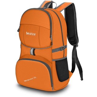 Bekahizar Handgepäck Rucksack 35 Liter, Leichter Faltbarer Reiserucksack für Herren Damen Outdoor Camping Wandern Radfahren Tageswanderungen (orange)