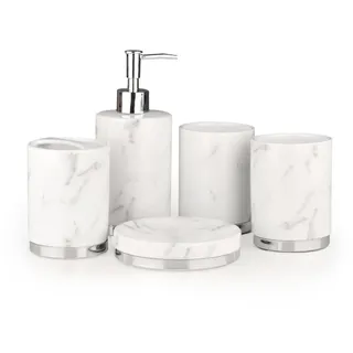 Tauzveok Badezimmer Seifenspender Set, 5 Teiliges Bathroom Accessories, Seifenspender Keramik, Zahnputzbecher, Seifenschale, Für Bad Organizer,Silber