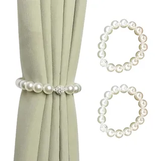 2 Stücke Vorhang Raffhalter,Faux Perle Vorhang Raffhalter, Gardinenklammern mit Starken Magnet,Vorhanghalter Seil,Duschvorhang Rückhalter,Gardinen Halterung für Heim,Outdoor Vorhang Dekoration (25cm)