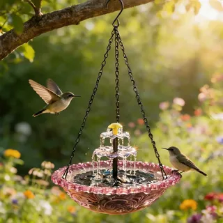 Vogeltränke Hängend, Solar Vogelbad mit Springbrunnen für Außen, Vogelbad Balkon mit Solarbrunnen, Solar Vogeltränke mit Springbrunnen, Wildtierlocker Gartendeko für Garten Hof Terrasse (Rosa)