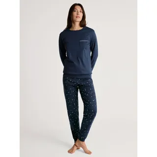 CALIDA Schlafanzug CALIDA "Sweet Dreams", Damen, Gr. S (40/42), blau (peacoat blau), Interlock, Obermaterial: 100% Baumwolle, bequem lang, Rundhals, angesetztes Bündchen, Homewear-Sets Schlafanzug, Langarm, Rundhals, Interlock-Qualität, weich, bequem,