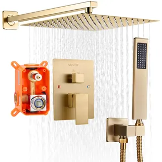 Vevor Duscharmatur Regenduschsystem fürs Badezimmer Duschsystem mit 305 mm quadratischen Regenduschkopf & Handbrause, wandmontierte Badezimmerarmaturen mit Messingventil & Zierset, gebürstetes Gold