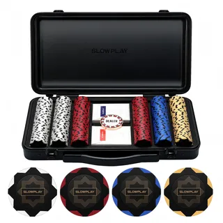 SLOWPLAY Nash Pokerchip-Set mit Koffer, 300 Ton-Pokerchips à 14 g | Pokerchips ohne Wert, sattes Gewicht, Premium-Polycarbonat-Koffer, 2 Kunststoffdecks, Metall-Dealer-Button, Black Gold