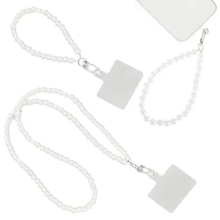 KSJEHW 2Pcs Handykette Universal, Handyanhänger, Handy Perlen Schlüsselband, Handschlaufe, Handygurt, Armband, Handyband, kompatibel mit jedem Handy, Smartphone und Handy Hülle (Weiss Perlen)