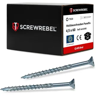 SCREW REBEL® Holzbauschrauben 4,5x60 mm [200 Stück] – Spanplattenschrauben hell verzinkt mit Reibteil & Cut-Spitze – TX20 Antrieb – Holzschrauben mit ETA-Zulassung – CrVI-frei & korrosionsbeständig