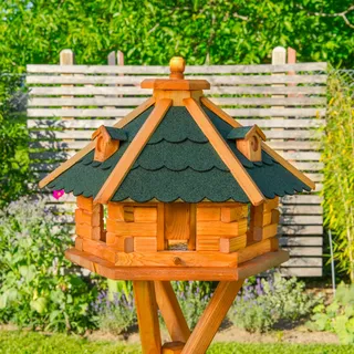 Vogelhaus von klein bis Riesig XXL Futterhaus Futterhäuschen Vogelvilla V18, Vogelfutterhaus aus Holz mit Solarbeleuchtung beleuchtet (Grün, mittel), mit Futtersilo, Silo