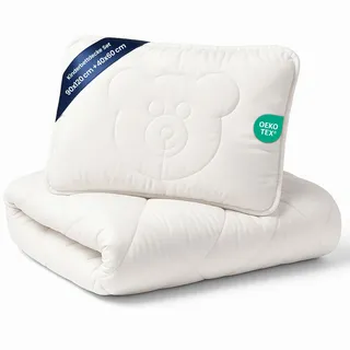 Totsy Baby Kinderbettdecke und Kissen Set 90x120 cm Mikrofaser Kinderdecke weiß Bärchen - Weiß/Braun