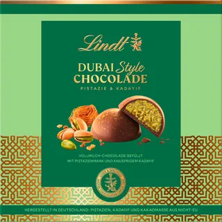 Dubai Style Pralinés | 90g Pralinés | Exquisite Vollmilchschokolade mit edlem Pistazienmark, knusprigem Pistazien- und Mandelkrokant und zarter Kadayif-Füllung | Pralinés | Schokoladengeschenk