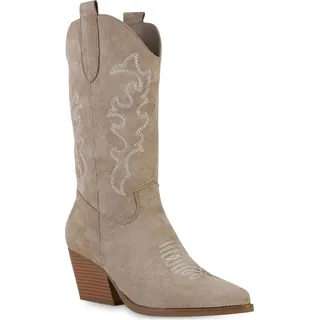 Stiefelparadies VAN HILL Damen Cowboystiefel Stickereien Schuhe 839969 - Braun