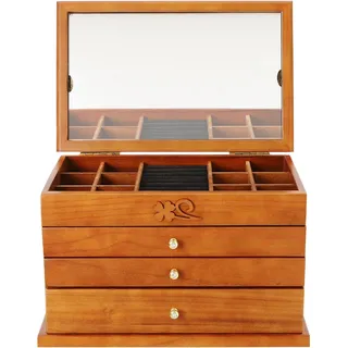 Schmuckkasten Holz Groß Schmuckkästchen 4 Etagen Schmuckschatulle mit Spiegel Vintage Braun Schmuckbox Geschenk für Mutter Freundin Damen