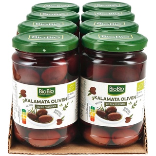 BioBio Kalamata Oliven mit Stein 160 g Abtropfgewicht, 8er Pack