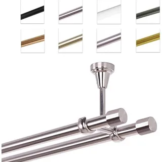 MDEKOR Gardinenstange 120 cm 2-läufig | Vorhangstange für die Deckenmontage Edelstahllook aus Metall | Gardinenstangenset Ø 19mm