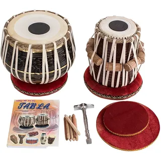 Indisches Maharaja Tabla-Trommel-Set, 3 kg, schwarzes Messing, Bayan, feinster Dayan mit Buch, Hammer, Kissen und Bezug