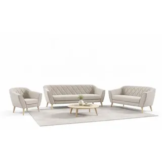 GLORIA Wohnzimmerset Samt Beige – 3-Sitzer + 2-Sitzer + Sessel | Skandinavisches Design | Rauten-Steppung | Holzfüße Couchgarnitur 321 - Beige