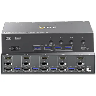 YOUTINGHDAV KVM Switch 4 PC 3 Monitore 8K@60Hz 4K@144Hz, USB 3.0 KVM Switch Triple Monitor 2 Displayport 1.4 + HDMI 2.1 für 4 PC Teilen Maus Tastatur, mit Wired Remote und Power adapter