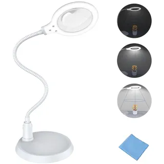 Delixike 5X Lupe mit Licht und Stände,5-fache Vergrößerungslampe,Lupe mit Licht handfrei, dimmbare Lampe mit LED, ideal zum Lesen, Hobby, Nähen, Basteln, weiß