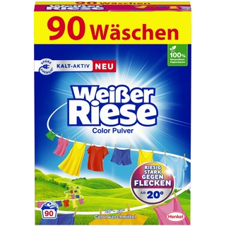 Weißer Riese Color Pulver (90 Waschladungen), Color Waschmittel riesig stark gegen Flecken, Kalt-Aktiv schon ab 20° C, ergiebiges Waschpulver, ideal für Familien mit Kindern