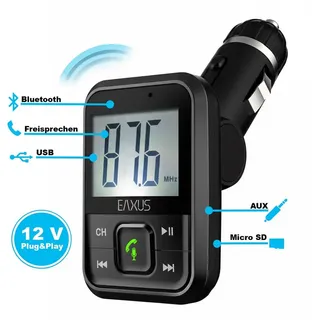 EAXUS Bluetooth FM-Transmitter für Wiedergabe Smartphone -> Autoradio, KFZ-Transmitter Bluetooth, USB-Sticks, 3,5-mm-Klinke, microSD, Mit Freisprechfunktion und USB-Anschluss zum Laden schwarz
