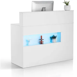 Vevor Rezeption Empfangstresen Empfangstisch rechteckiger Thekentisch, Empfangstheke Verkaufstresen Kassentheke mit LED-Licht, 2 Schubladen und Steckdosen, für Kasse Schönheitssalon Büro, weiß