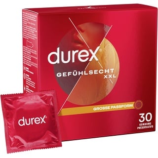 DUREX Gefühlsecht XXL Kondome – Dünne Kondome mit großer Passform & mit Silikongleitgel befeuchtet – 30 Stück)