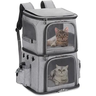 FASNATI Rucksack für 2 Katzen, 2-in-1, abnehmbares Doppelfach, bis zu 12 kg, Transporttasche, faltbar und belüftet, ideal für große Katzen und kleine Hunde, Grau