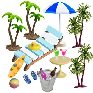 Golgner 11 Pcs Miniatur Deko Sauna Zubehör, Strand Mikrolandschaft, Strand Deko Miniatur Set, mit Mini Strandkorb Korb Hausschuhe Badetuch Kokosnussbaum, für DIY Puppenhaus Dekoration, Geschenkidee