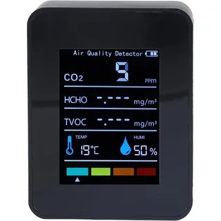 CO2-Detektor ABS CO2-Detektor, Schwarz CO2-Kohlendioxid-Detektor LCD TVOC HCHO Temperatur Luftfeuchtigkeit Luftqualitätsmonitor Messgerät Thermometer Hygrometer für Zuhause