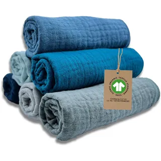 mimaDu - 6er Set Baby Musselin Tuch aus Bio-Baumwolle GOTS 25x25cm - Spucktücher für Junge - Babywaschlappen/Mulltücher extra weich, saugfähig - Kleine Handtücher für Babypflege (Blau, Ocean)