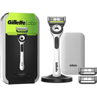 Gillette Labs Nassrasierer Herren, Rasierer mit Reinigungs-Element + Reise-Etui zur Aufbewahrung für unterwegs + 3 Rasierklingen, Geschenk Männer, Premium-Magnetdock, weiß