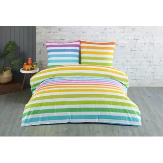 Buymax Bettwäsche Regenbogen, Rainbow 100% Baumwolle, Renforcé, 2 teilig, 155x220 cm, mit Reißverschluss, Gestreift, Streifen Bunt Rot Weiß Gelb bunt