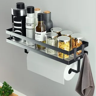 CZKDTT Gewürzregal Küchenregal Wand ohne Bohren, Schwarz, mit 4 Haken, 35cm