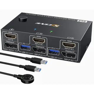 Displayport+HDMI KVM Switch 2 PC 2 Monitore 4K@60Hz, MLEEDA Dual Monitor KVM Switch mit 4 USB 3.0 Port für 2 PC teilen 2 Monitor und Tastatur Maus Drucker, Kabelfernbedienung,USB-Kabel Inbegriffen