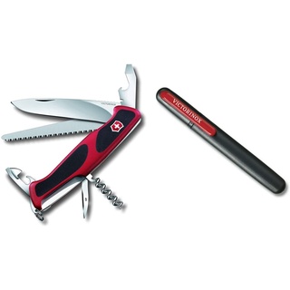 Victorinox Taschenmesser Ranger Grip 55 (12 Funktionen, Feststellklinge, Säge) rot/schwarz & Dual-Messerschärfer, Tragbar, Schleifstein für Grobschliff, Keramikplättchen für Feinschliff