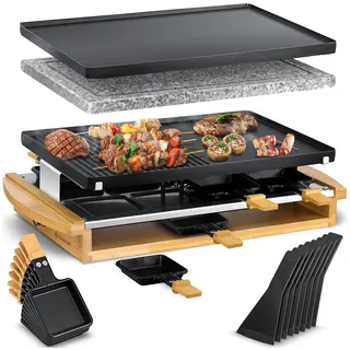 Kesser KESSER® Raclette-Grill mit Naturgrillstein, Grillplatte Tischgrill für 8 Personen, Elektrogrill Raclette Grill antihaftbeschichteter Grillplatte, 8 Pfannen und Holzspatel 1200W
