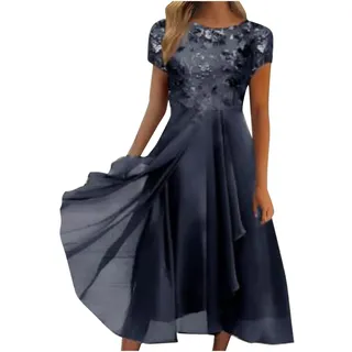 Damen Chiffon Spitzenkleid Brautjungfer Kleid Elegant Party Cocktailkleid Festliches Ballkleid Kurzarm Partykleid Rundhalsausschnitt Abendkleid Sommerkleid - M