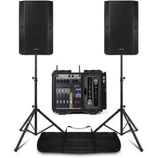 Vonyx PA Anlage Komplettset 1600 Watt – DJ Lautsprecher Set mit Mischpult und 2 Mikrofonen, inkl. Ständern, Bluetooth – Aktivboxen mit Verstärker – PA Lautsprecher Aktiv für Events, Karaoke