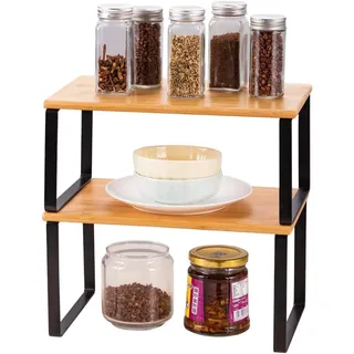 LIANTRAL Küchenschränke Organizer 2er Set, Küchenregal, Küchen Organizer aus Metall und Bambus, Erweiterbar und Stapelbar Gewürzhalter, kleines Regal, B 29,7 cm, Naturfarben und Schwarz