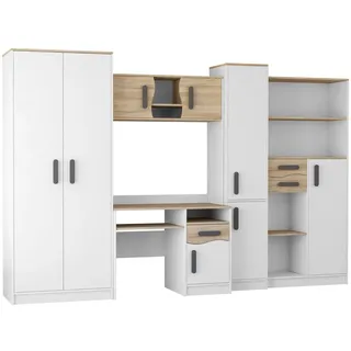 Deine Möbel 24 Jugendzimmer-Set MIKI Jugend-Schrankwand Jugendzimmer Jugendmöbel 5-teilig in Weiß, (5-tlg), Schreibtisch, Schreibtisch Aufsatz, 2x Regal, Schrank grau|weiß