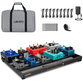 LEKATO Pedalboard mit Eingebautem Netzteil, 48.5 x 31 x 4.5cm Großes Effekt-Pedalboard, PedalBoard Set aus Aluminiumlegierung mit Tragetasche, Pedalkabel, Klettverschluss
