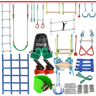 Dripex Slackline Kinder, Ninja Slackline 2×20m und Ninja Warrior Hindernisparcours Garten im Freien,Ninja Parcours Kinder mit Schaukel, Kletterleiter, Kletternetz und Baumschutz, geeignet für Anfänger