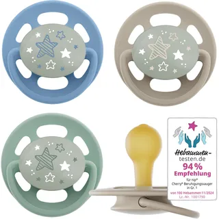 Nip Cherry Night leuchtende Schnuller 0-6 Monate 4er Pack Kirschform Latex | stillfreundlich kiefergerecht hautfreundlich natürlicher Rundsauger leuchtet im Dunkeln Naturkautschuk Größe 1 blau/grün