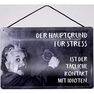 Blechschild mit Kordel 30 x 20 cm Albert Einstein: Der Hauptgrund für Stress ist der tägliche Kontakt mit Idioten. - Blechemma