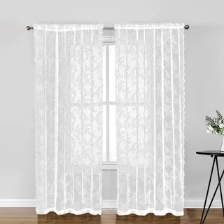 Whakano 2 Stück Spitze Vorhänge Dekorative Gardinen,Blumen Muster Gardinen Transluzente Verdunklung Gardinen für Küche Wohnzimmer Luftig Dekoschal für Schlafzimmer,Heimdekoration,Weiß,W150xL250cm