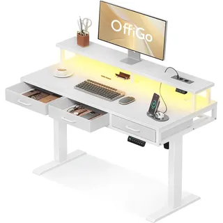 OffiGo Höhenverstellbarer Schreibtisch mit Monitorständer, 120cm Elektrischer Schreibtisch mit Schubladen, Standing Desk mit Steckdosen und Lichtleiste, Tisch Höhenverstellbar Bürotisch, Weiß