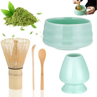 Matcha Set Natürlich Matcha Tee Set Matcha Besen Set mit Matcha-Schneebesen Besenhalter Matcha Schale aus Keramik 2 Teelöffel Schneebesen für Grünen Tee und Pulvergetränke Einfach zu Reinigen