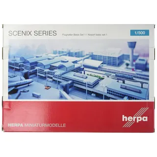 herpa HE520362 – Flughafen Basis Set 1 in Miniatur, 14 Terminal Gebäude, Miniaturmodell, Airport für Sammler, Flugzeugmodelle, Bastler, Modellbausatz, Kleinmodell, 400 Teile – Maßstab 1:500