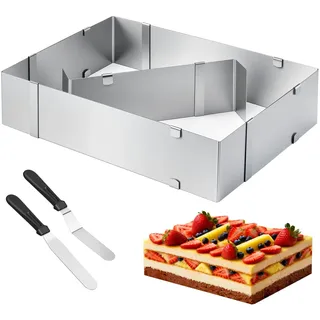 Chesnia Rechteckiger Backrahmen verstellbar, Eckiger Tortenring für Kuchen, Pizza & Desserts, Mit Teiler & Spatel, Ideal für Backblech, Partydeko & DIY