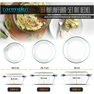 Arendo Auflaufformen, 1000ml, 1500ml & 2000ml mit Deckel, Glasbehälter, Borosilikatglas, Ofenfest, BPA-frei, Auflaufform Transparent