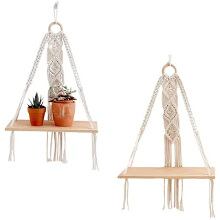 2er Set Wandregal Makramee Hängeregal, Baumwollseil Handgewebte Schweberegal Boho Deko, Makramee Schaukelregal Holzregal, Balkon Badezimmer Wohnzimmer Schlafzimmer Kinderzimmer Wanddeko (Stil A)